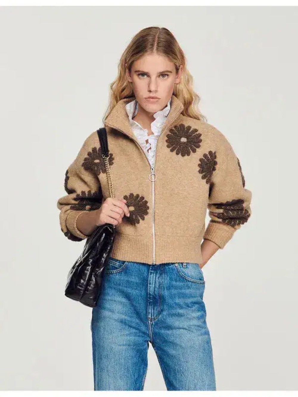 Sandro floral-appliqué zip-up cardigan